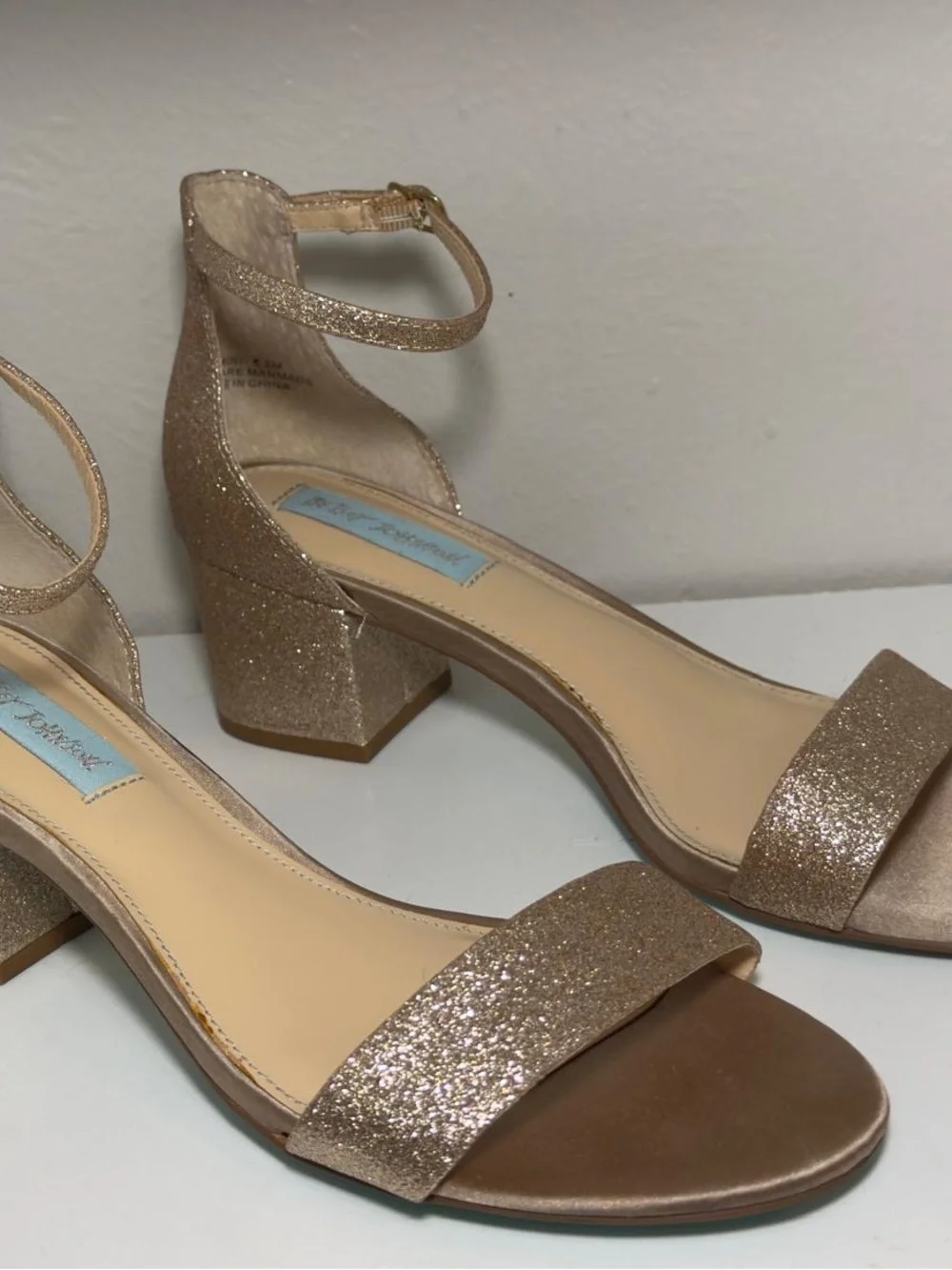 Betsey Johnson Rose Gold Glitter Block Heel Sandals